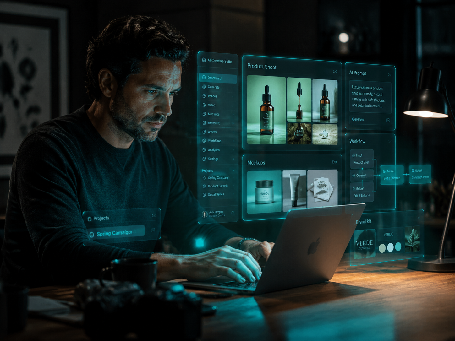 Creativo trabajando en Virtalio AI Studio con panel de generación, mockups y brand kit en tiempo real.