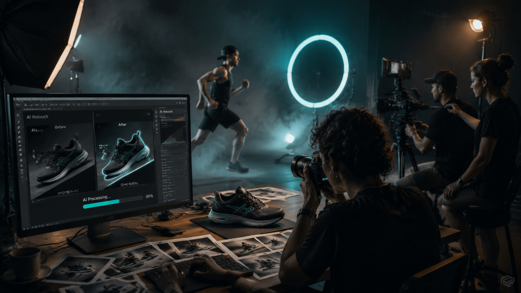 AI Retouch de Virtalio procesando un producto en tiempo real durante un shooting profesional.